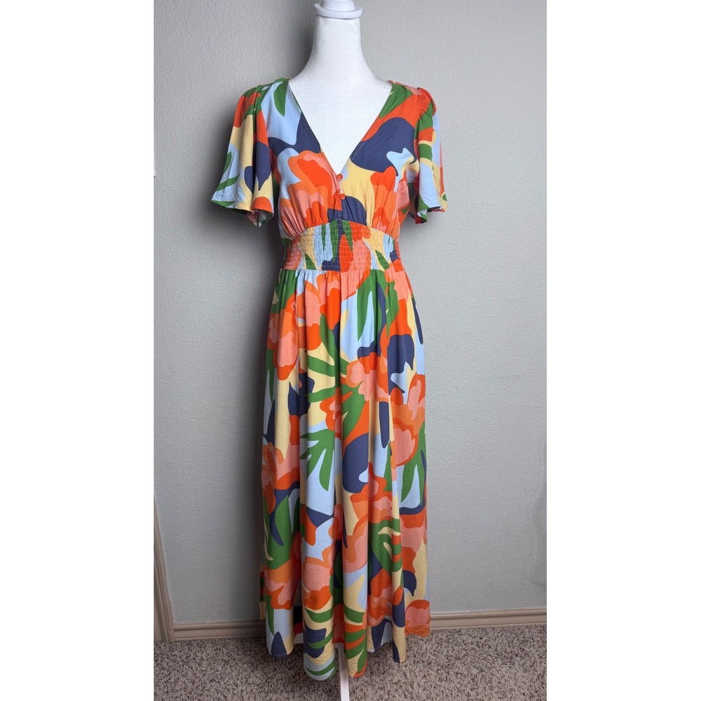 Abel The Label Multi Color Abstract Floral‎ V-Neck Smocked Maxi Dress XS